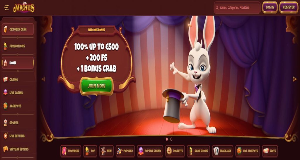 Cartoon magician rabbit presenting Magicus online casino welcome bonus: 100% up to €500, 200 free spins, and 1 bonus crab on a vibrant stage with red-purple curtains and navigation menu featuring casino, sports, jackpots, and live betting options.